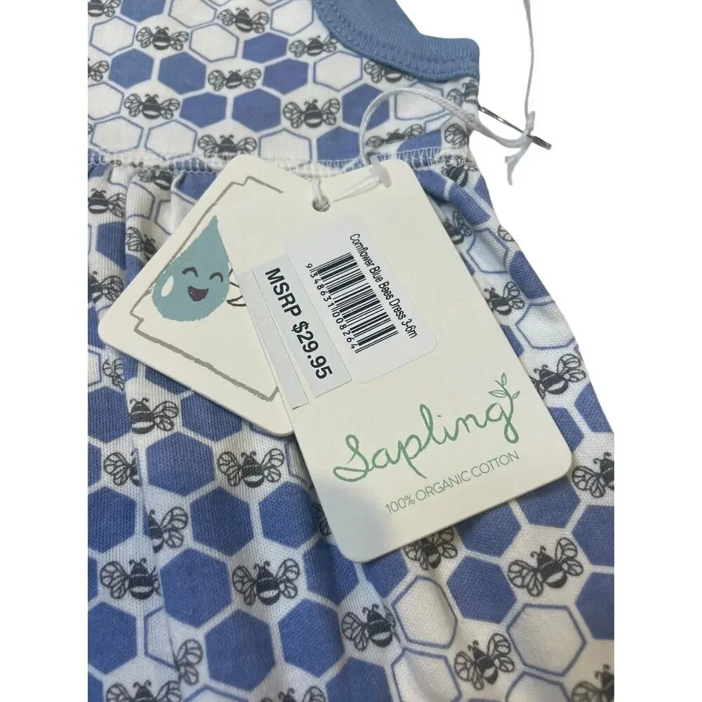 Sapling Cornflower Blue Bees Dress Sleeveless Organic Cotton Girls Size 3-6M NWT